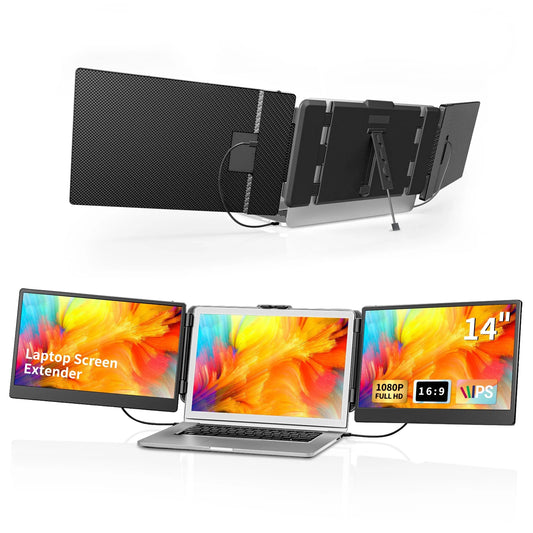 Portable Laptop Screen Extender - 14" Triple IPS FHD 1080P Monitor, Hdmi/Usb-A/Type-C, Compatible with Windows & Mac for Travel, Gaming, Work (Max Length: 15.74")